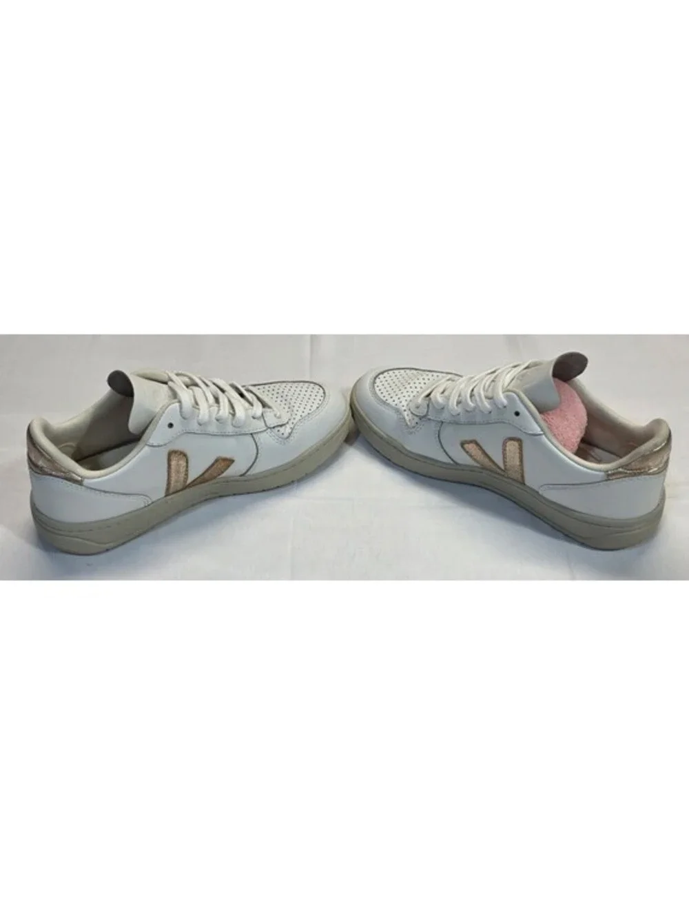 Veja V-10 White Leather Sneakers with Gold Accents, Size 38